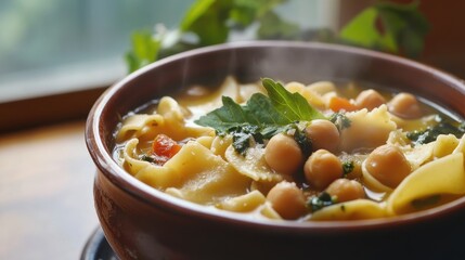 Aufkleber - Delicious traditional pasta dish with chickpeas in a steaming soup served in a rustic bowl with fresh herbs and inviting presentation