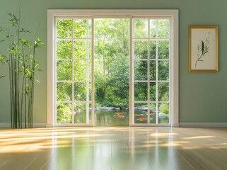 Poster - Bright room with large windows overlooking a serene garden and pond.