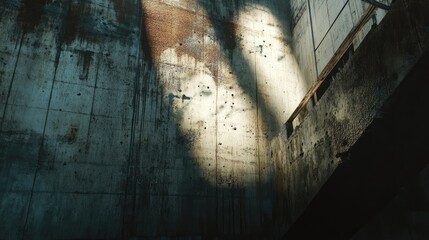 Aufkleber - Weathered industrial concrete wall with grunge texture and dramatic light shadows creating an urban atmosphere for background design.