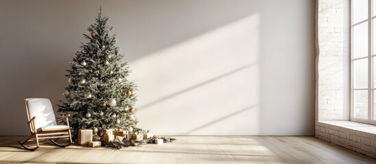 Poster - Festive Christmas tree adorned with ornaments and a cozy rocking chair in a sunlit minimalist room setting