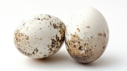 Aufkleber - Dirty speckled eggs on a clean white background showcasing natural textures and imperfections in a minimalistic composition