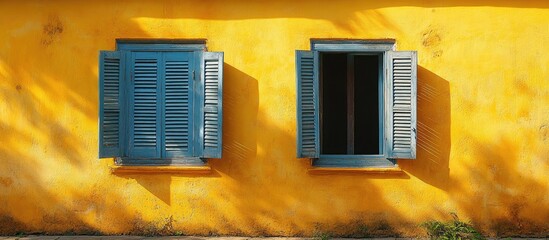 Poster - Colorful yellow wall with closed blue window shutters casting diagonal shadows on a sunny day creating a vibrant architectural detail