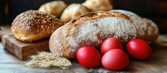 Aufkleber - Italian bread with vibrant red eggs and rustic baked goods on a wooden surface showcasing traditional culinary ingredients and textures.