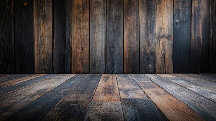 Aufkleber - Dark vintage wooden interior with a weathered floor and textured walls creating a rustic atmosphere for design and background use.