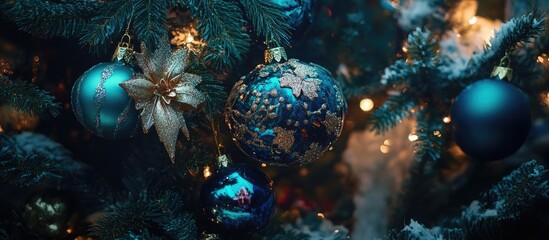 Poster - Elegant Christmas tree adorned with vibrant decorative ornaments and glowing lights in a festive holiday setting.
