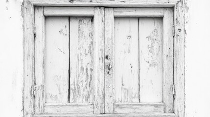 Poster - Weathered rustic wooden window with peeling paint showcasing a vintage aesthetic and character in monochrome tones.