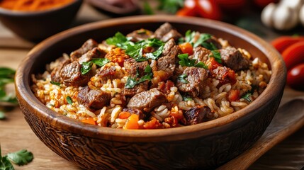 Aufkleber - Savory meat dish with spices served over rice garnished with fresh herbs and vegetables in a rustic wooden bowl.