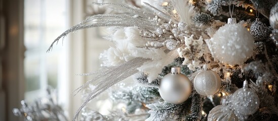 Poster - Elegant New Year's tree decorations in silver and white hues showcasing festive ornaments and shimmering accents for holiday celebrations