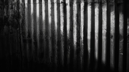 Poster - Weathered Corrugated Metal Wall Texture with Shadow Patterns in Black and White