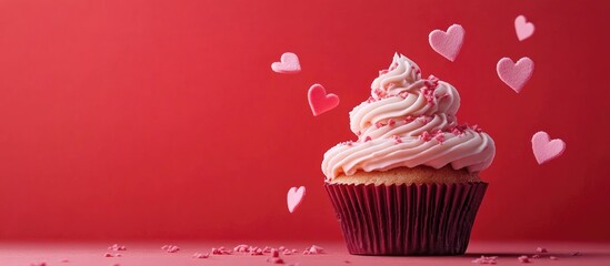 Poster - Pastel pink buttercream cupcakes with hearts on a vibrant red background perfect for celebrations and sweet treats concept.