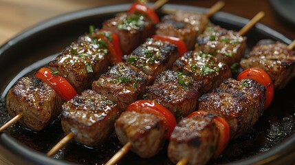 Poster - Grilled skewers of marinated meat and colorful peppers served on a platter showcasing a delicious barbecue dish.
