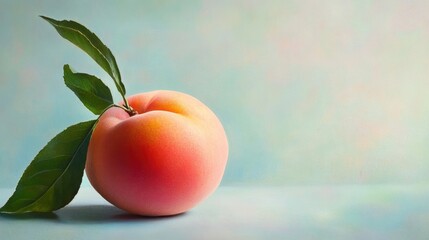Aufkleber - Fresh peach with green leaves on a soft pastel background showcasing natural beauty and elegance of fruit composition.
