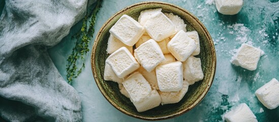 Poster - Handmade apple marshmallows arranged in a decorative bowl showcasing their soft texture and natural flavors in an inviting flat lay setting