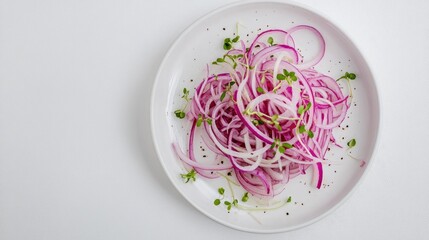 Aufkleber - Freshly sliced sprouted red onions garnished with herbs served on a clean white plate against a minimalist background