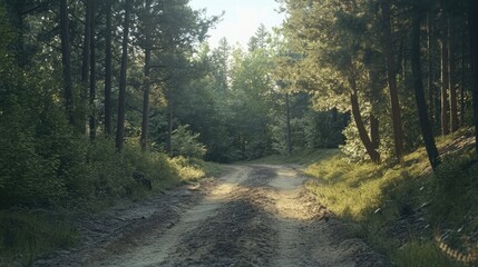 Aufkleber - Scenic dirt road winding through a tranquil forest landscape bathed in warm sunlight on a clear day