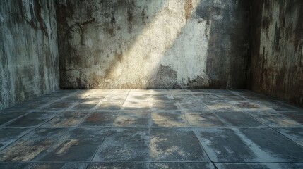Aufkleber - Grungy concrete floor texture with light beams illuminating a weathered room interior for design and decoration purposes