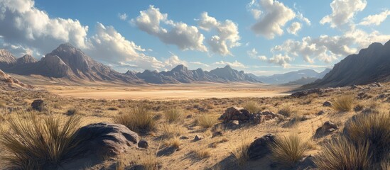Aufkleber - Desert landscape with mountains and clouds showcasing a serene natural environment under bright sunlight