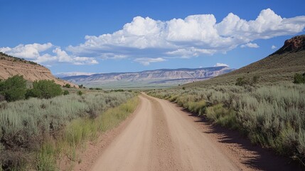 Poster - Scenic dirt road winding through lush landscape under a vibrant blue sky with fluffy clouds and mountains in the background