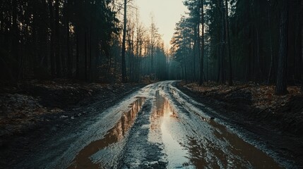 Aufkleber - Muddy forest road with large puddles reflecting sunlight after rain surrounded by trees in a serene landscape