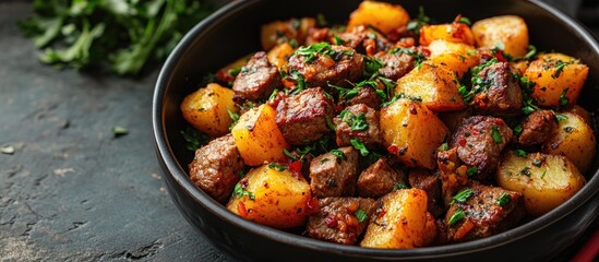 Poster - Savory meat and potato stew garnished with fresh herbs in a rustic bowl against a textured backdrop