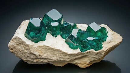 Poster - Dioptase mineral specimen showcasing vibrant green crystals on a natural stone base with a glossy finish