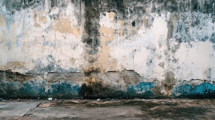 Poster - Weathered textured wall with peeling paint and stains in muted colors for use in backgrounds and design projects.