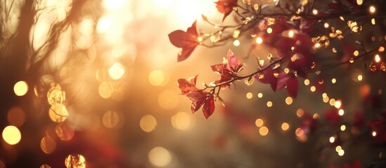 Aufkleber - Serene nature backdrop with soft-focus tree decorations and warm glowing lights during golden hour