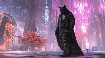 Poster - A large anthropomorphic cat in a futuristic cityscape, dressed in a long coat, exuding mystery.