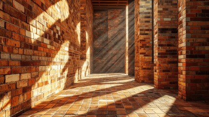 Aufkleber - Interior view of weathered brickwork with crisscross patterns illuminated by sunlight creating striking shadows and textures.