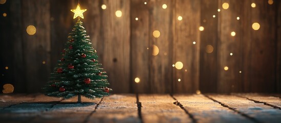 Poster - Christmas tree decoration with twinkling lights on a rustic wooden background creating a festive holiday atmosphere