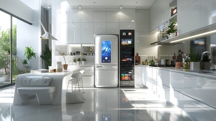 Wall Mural - Modern White Kitchen with Smart Appliances and Minimalist Design