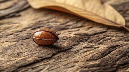 Aufkleber - Dipterocarpus seed resting on a leaf atop textured old wood with selective focus and shallow depth of field for natural aesthetic composition