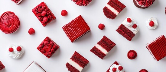 Poster - Red velvet cakes and pastries arranged flat lay on a white background showcasing vibrant colors and textures perfect for dessert themes