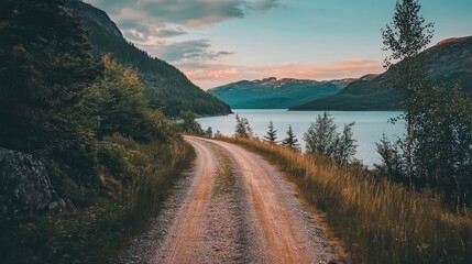 Aufkleber - Scenic dirt road alongside tranquil lake surrounded by lush mountains at sunset