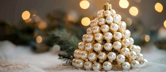 Aufkleber - Elegant Christmas tree decoration featuring shimmering pearls with warm bokeh lights in the background, creating a festive atmosphere.