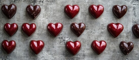 Poster - Heart shaped chocolate confections beautifully arranged on a textured dark surface ideal for romantic themes and gourmet desserts.