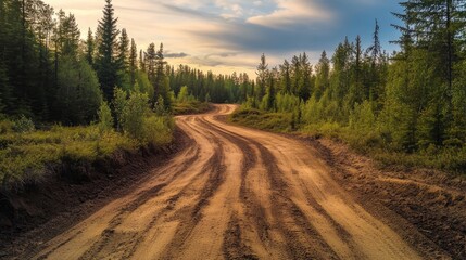 Poster - Winding Dirt Track Surrounded by Dense Trees in Scenic Natural Landscape at Sunset