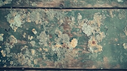 Aufkleber - Mold and fungus growth on an aged wooden table surface creating a textured background for artistic or design use.