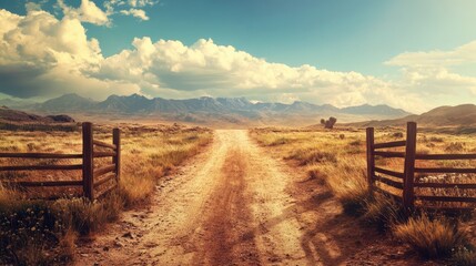 Aufkleber - Serene dirt road leading from a rustic gate into a vast desert landscape under a bright sky with distant mountains and lush greenery.