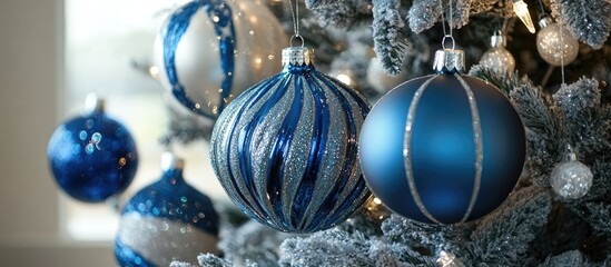 Poster - Blue and silver holiday ornaments hanging on a beautifully decorated Christmas tree close-up shot