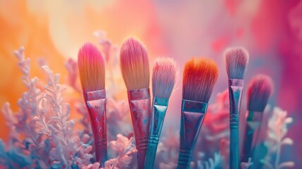 Aufkleber - Colorful old paint brushes resting on vibrant floral background with soft focus effects showcasing creativity and artistic expression