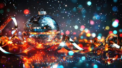 Poster - Disco ball adorned with festive ribbons against a vibrant bokeh background for holiday celebrations and party themes