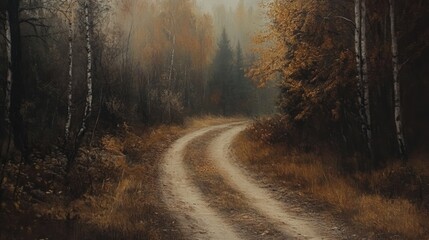 Poster - Serene Curved Dirt Road Through A Tranquil Autumn Forest Landscape