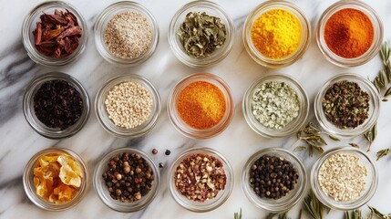 Poster - Assorted Spices and Herbs in Glass Jars on Marble Surface for Culinary Diversity and Flavor Enrichment