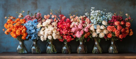 Poster - Colorful array of wedding bouquets with stunning flowers in glass vases against a textured background for bridal inspiration.