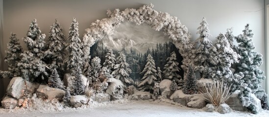 Poster - Winter wonderland decor featuring snow-covered trees and a serene landscape backdrop for festive holiday celebrations.