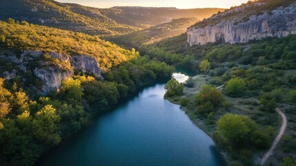 Poster - Scenic hiking trails and tranquil river views in lush green landscapes inviting outdoor adventures and nature exploration