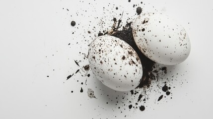Aufkleber - Dirty white eggs surrounded by dark soil and splatters on a clean white background showcasing contrast and texture in food photography