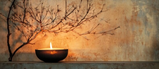 Poster - Warm ambiance with decorative branches and a candle in contemporary setting on textured wall background