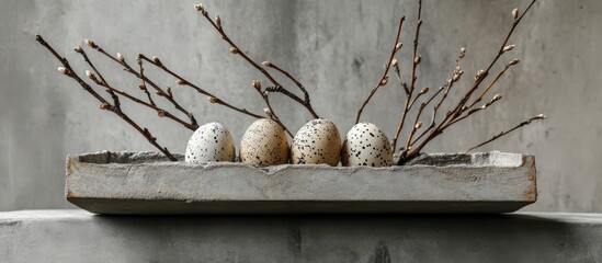 Sticker - Easter eggs arranged in a rustic box with willow branches on a textured grey background for a seasonal decoration concept